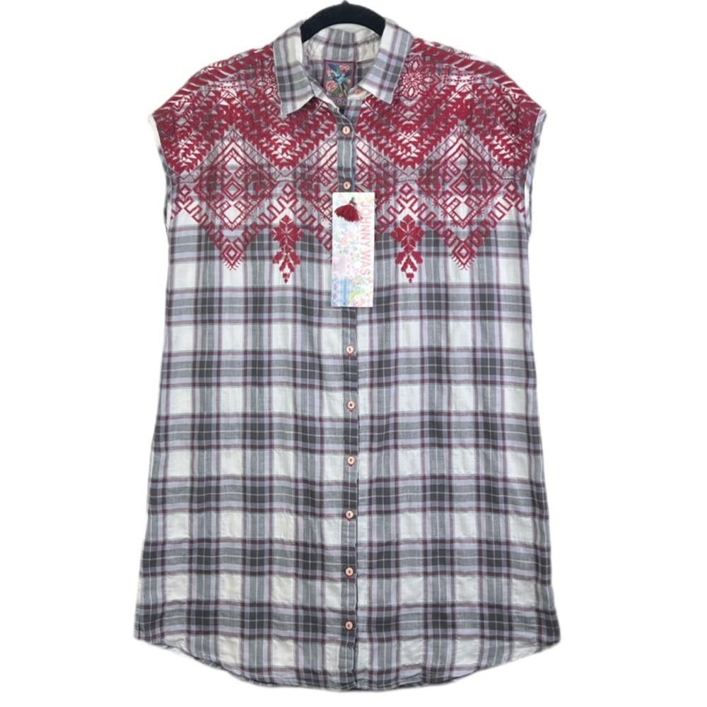 Johnny Was 3J Vincent Plaid‎ Button Sleeveless Tunic Shirt Embroidered Small